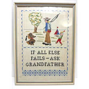 Vtg Framed Finished Cross Stitch 11" x 14" If All Else Fails Ask Grandfather Dog